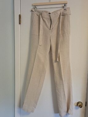 Tommy Hilfiger Linen Blend Cream High-Waist Wide-Leg Tie-Belt  Pants